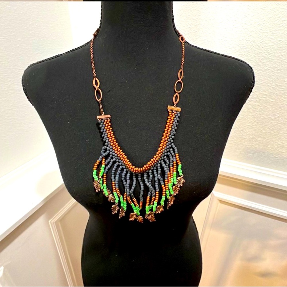 Egyptian Bib Necklace Beaded With Metal Works Fine Intricate Design Boho Tribal